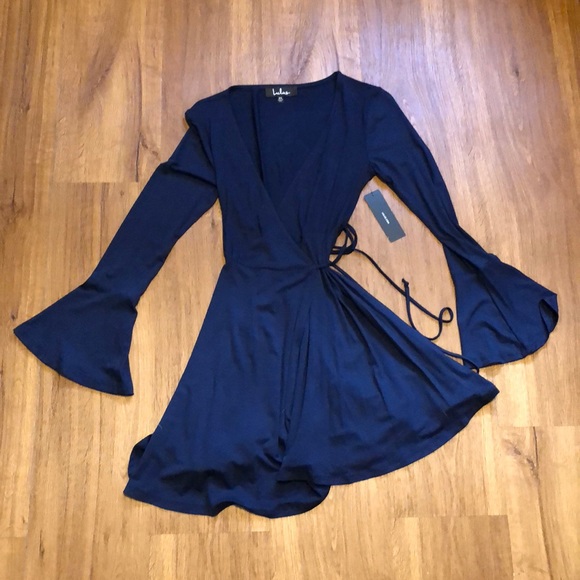 navy blue long sleeve wrap dress